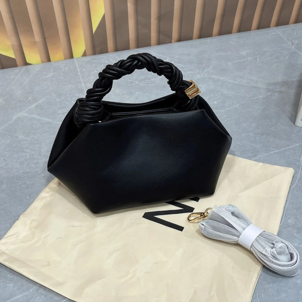 Women's premium soft leather dumpling bag with woven rope handle, elegant and casual everyday crossbody/shoulder bag.