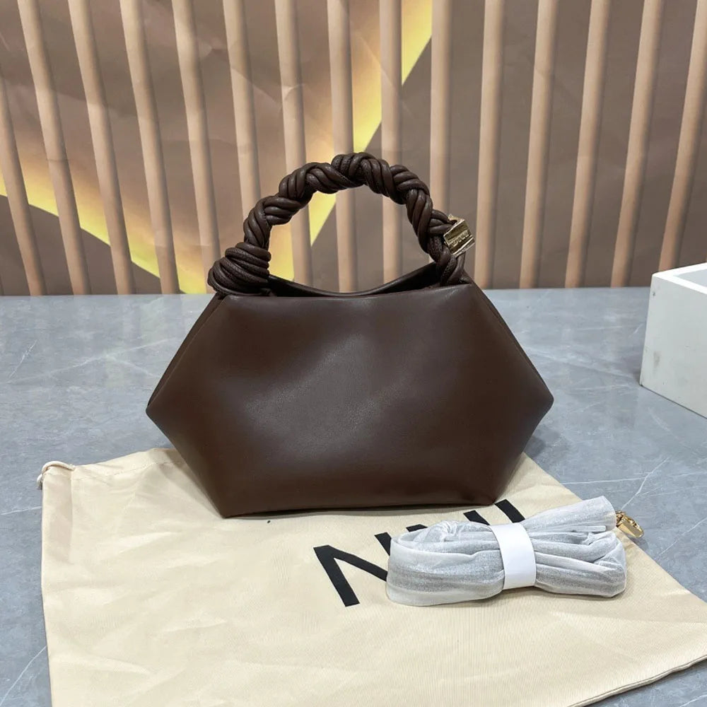 Women's premium soft leather dumpling bag with woven rope handle, elegant and casual everyday crossbody/shoulder bag.