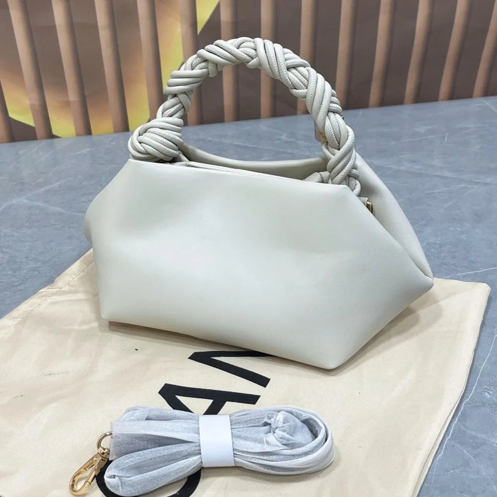 Women's premium soft leather dumpling bag with woven rope handle, elegant and casual everyday crossbody/shoulder bag.
