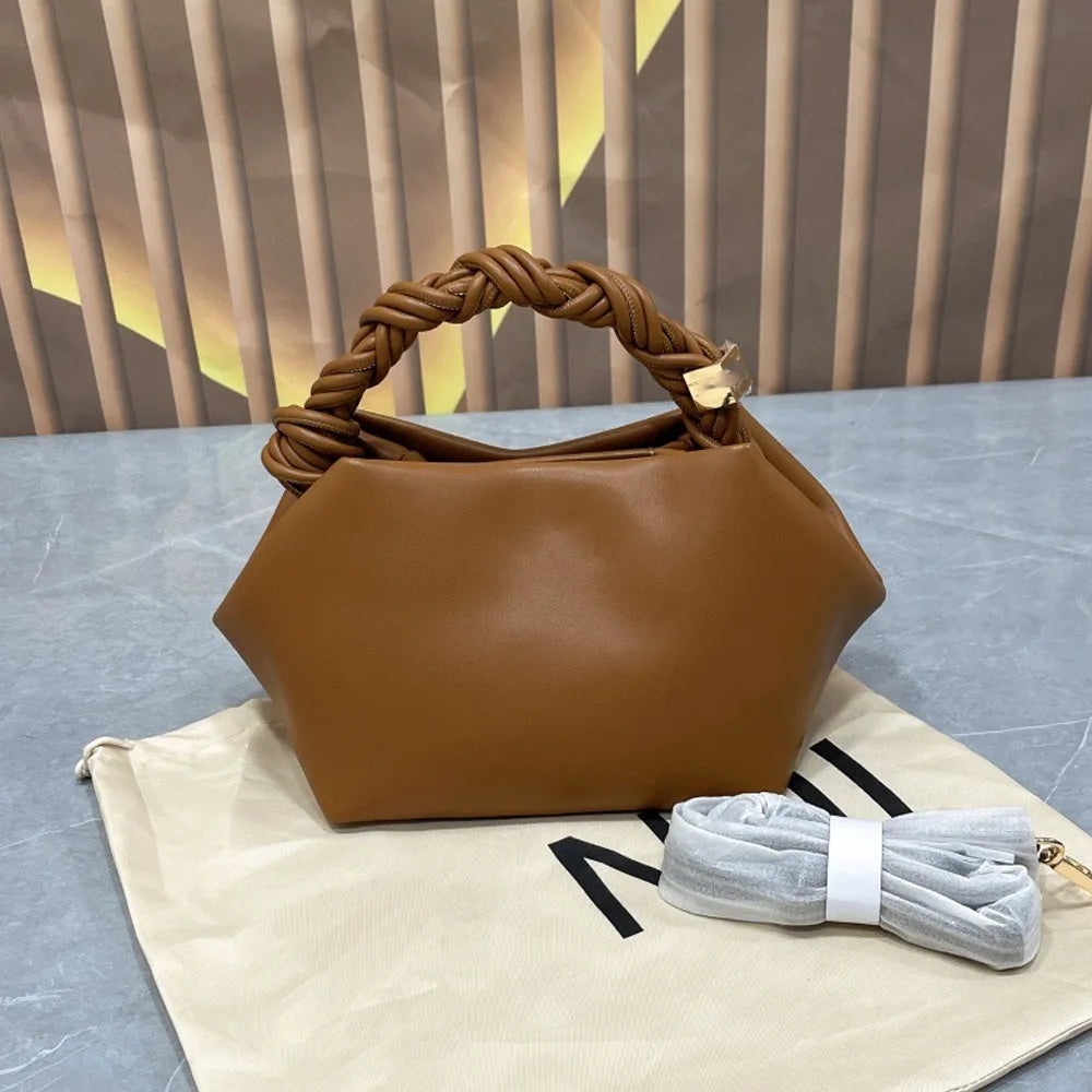 Women's premium soft leather dumpling bag with woven rope handle, elegant and casual everyday crossbody/shoulder bag.
