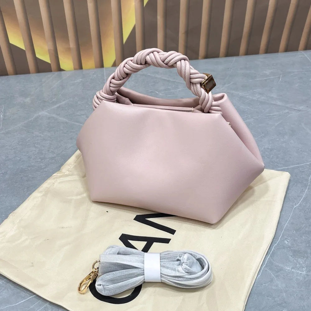 Women's premium soft leather dumpling bag with woven rope handle, elegant and casual everyday crossbody/shoulder bag.