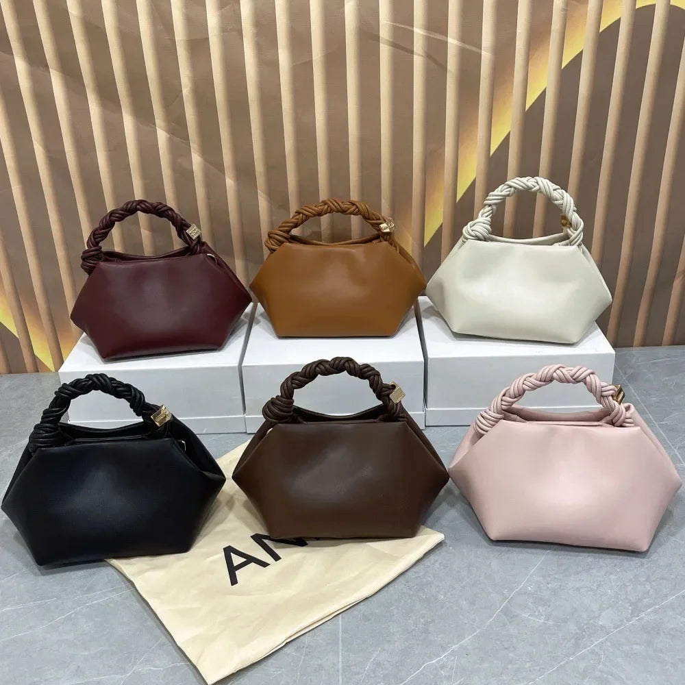 Women's premium soft leather dumpling bag with woven rope handle, elegant and casual everyday crossbody/shoulder bag.